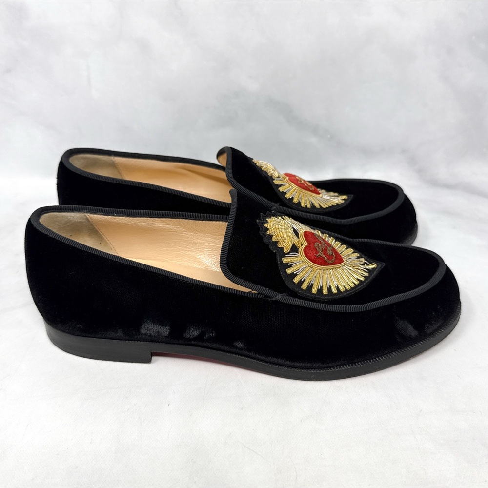 Christian Louboutin Perou Corazon Embroidered Heart Velvet Flat Loafer Shoes 34